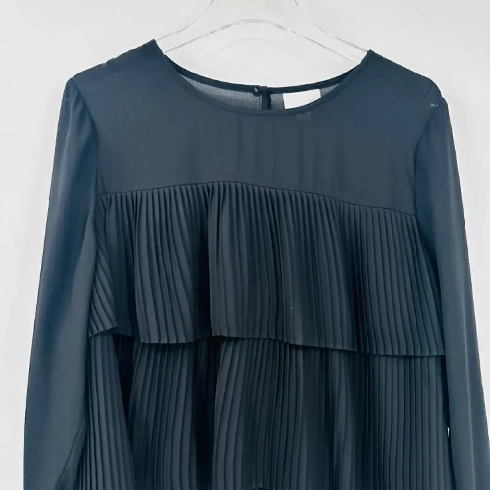 J. Jill Size Large Black Long Sleeve Pleated Tiered Ruffle Blouse Top